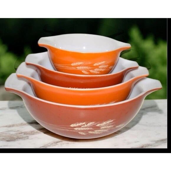4 Vtg Pyrex Autumn Harvest Wheat Cinderella Nesting Mixing Bowls 441,442,443,444 - Picture 5 of 6